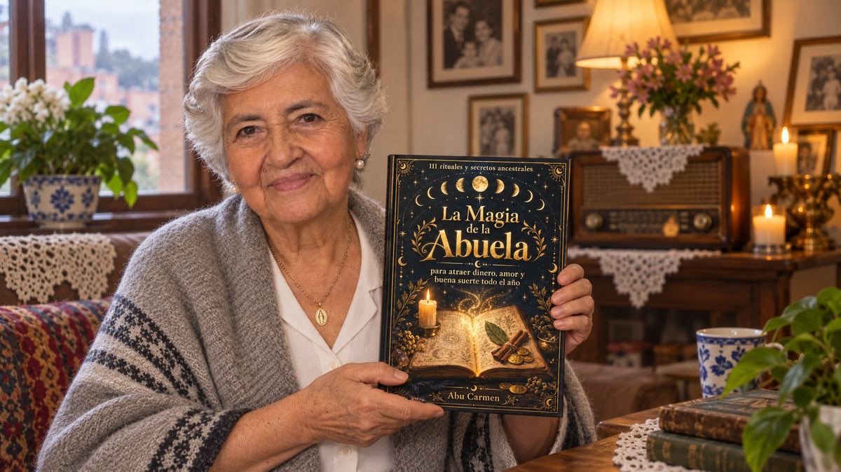 Abu Carmen sosteniendo el libro La Magia de la Abuela