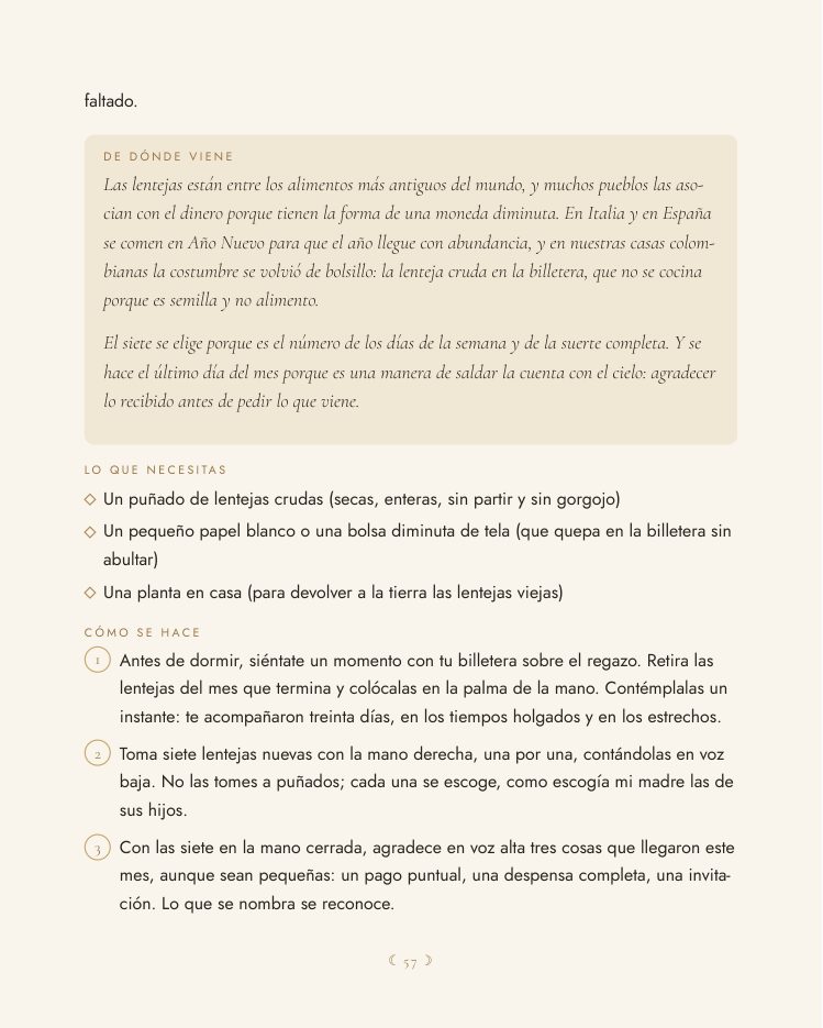 Página del ritual Lentejas en la billetera